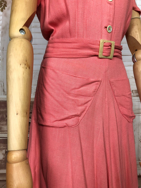 LAYAWAY PAYMENT 1 OF 4 - RESERVED FOR SAIRA - Gorgeous Original 1930s Vintage Coral Cotton Belted Summer Dress With Pockets