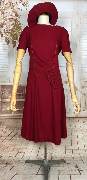 LAYAWAY PAYMENT 1 OF 3 - RESERVED FOR LINDSAY - Exquisite Original Late 1930s / Early 1940s Vintage Rich Red Beaded Crepe Dress With Matching Halo Hat