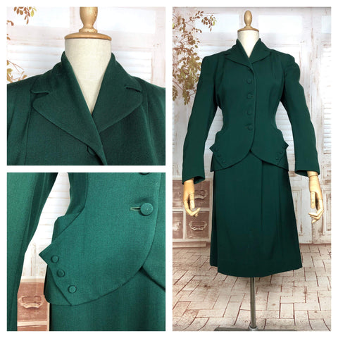 Amazing Original 1940s Vintage Forest Green Gabardine Suit With Button Details
