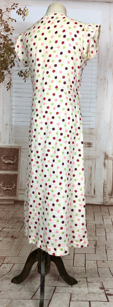 Beautiful Original 1930s Vintage Multi Colour Spotted Sheath Day Dress With Shirring