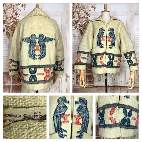 Unusual Original Late 1940s / Early 1950s Vintage Guatemalan Fringed And Embroidered Folk Coat