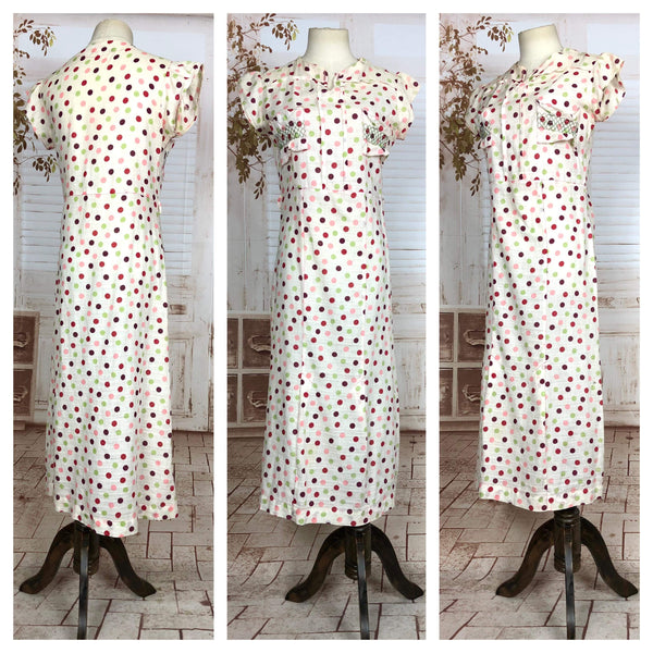 Beautiful Original 1930s Vintage Multi Colour Spotted Sheath Day Dress With Shirring