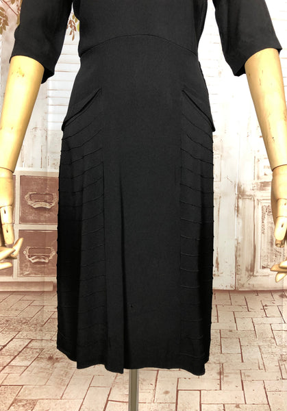 Classic Early 1940s Vintage Black Crepe Dress With Pin Tuck Details