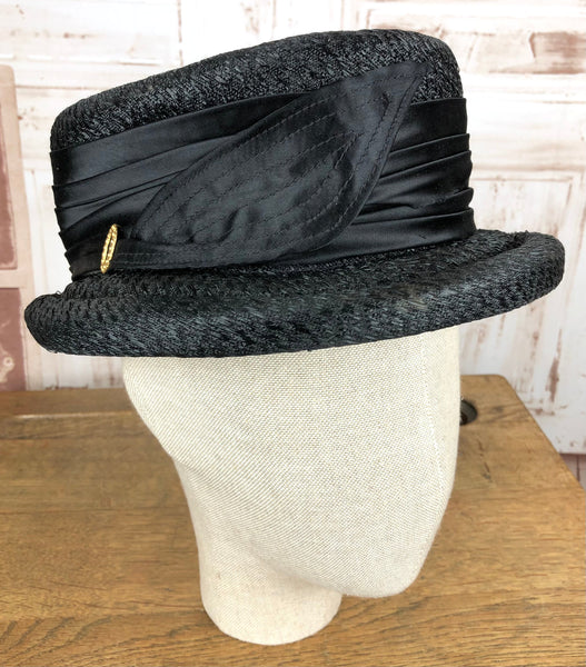 Beautiful Original 1950s Vintage Black Hat With Topstitched Satin Trim