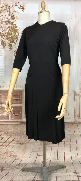 Classic Early 1940s Vintage Black Crepe Dress With Pin Tuck Details