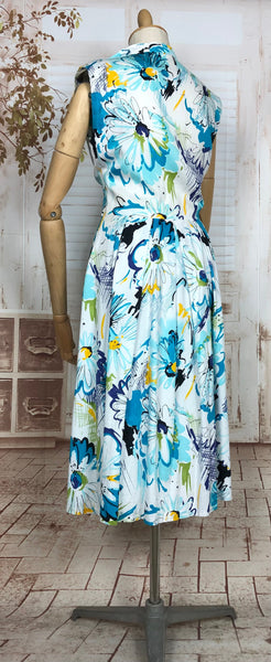 Stunning Bright Original 1950s Vintage Blue Floral Summer Dress