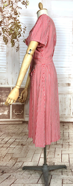 Exquisite Original 1940s Volup Vintage Red And White Candy Striped Day Dress