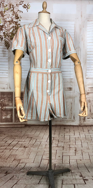 LAYAWAY PAYMENT 1 OF 2 - RESERVED FOR KHARONN - Super Rare 1940s Volup Vintage Blush Blue And White Striped Summer Play Suit Romper
