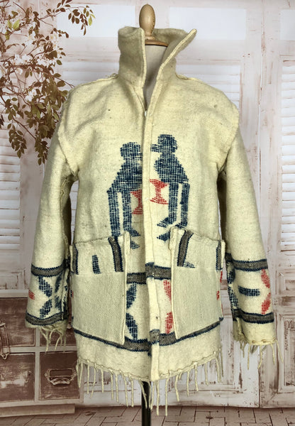 Unusual Original Late 1940s / Early 1950s Vintage Guatemalan Fringed And Embroidered Folk Coat