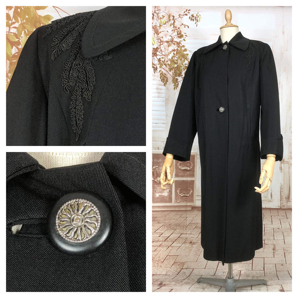 Elegant Original 1940s Vintage Black Swing Coat With Soutache Shoulders And Statement Buttons