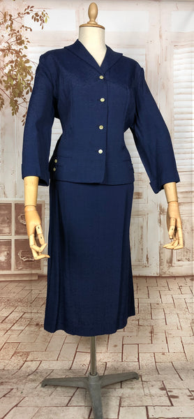 Wonderful Late 1940s / Early 1950s Original Volup Vintage Blue Silk Blend Belt Back Summer Suit