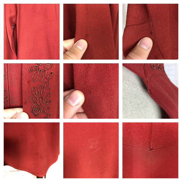 Rare Original 1940s Vintage Red CC41 Evening Gown And Jacket With Soutache Embroidery