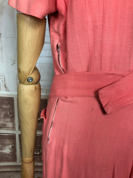 LAYAWAY PAYMENT 1 OF 4 - RESERVED FOR SAIRA - Gorgeous Original 1930s Vintage Coral Cotton Belted Summer Dress With Pockets