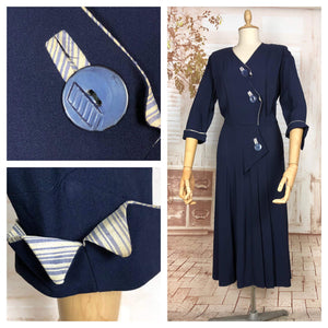 Amazing Original 1940s Volup Vintage Navy Blue Asymmetrical Dress With Striped Accents
