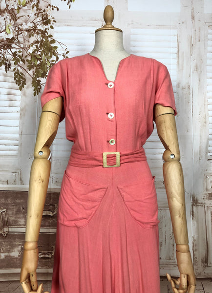 LAYAWAY PAYMENT 1 OF 4 - RESERVED FOR SAIRA - Gorgeous Original 1930s Vintage Coral Cotton Belted Summer Dress With Pockets