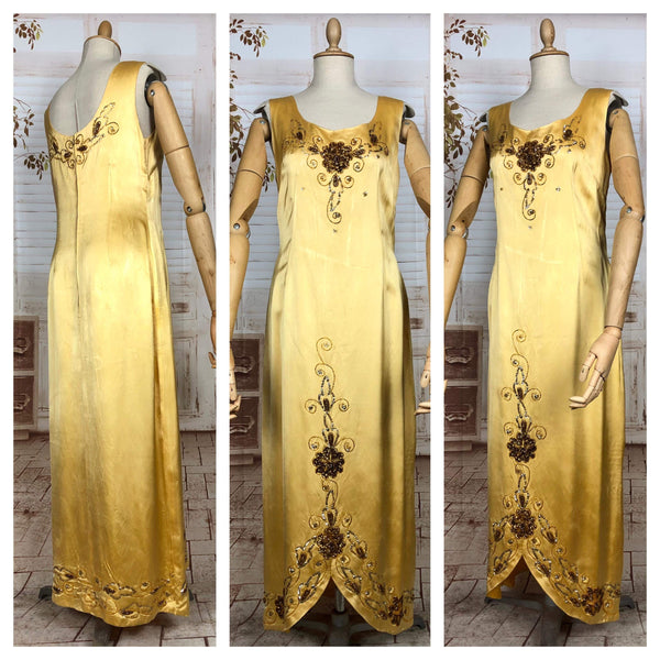 Amazing Original 1950s Vintage Yellow Gold Satin Beaded Evening Gown Dress