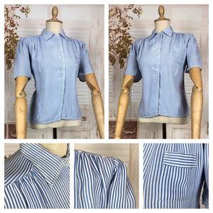 Beautiful Late 1930s / Early 1940s Vintage Blue And White Striped Blouse