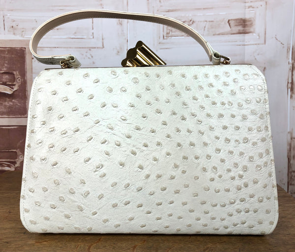 Amazing Late 1940s / Early 1950s White Ostrich Leather Hand Bag Purse