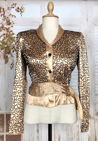 Exceptional Original 1930s Vintage Gold Satin Blouse With Soutache Embroidery