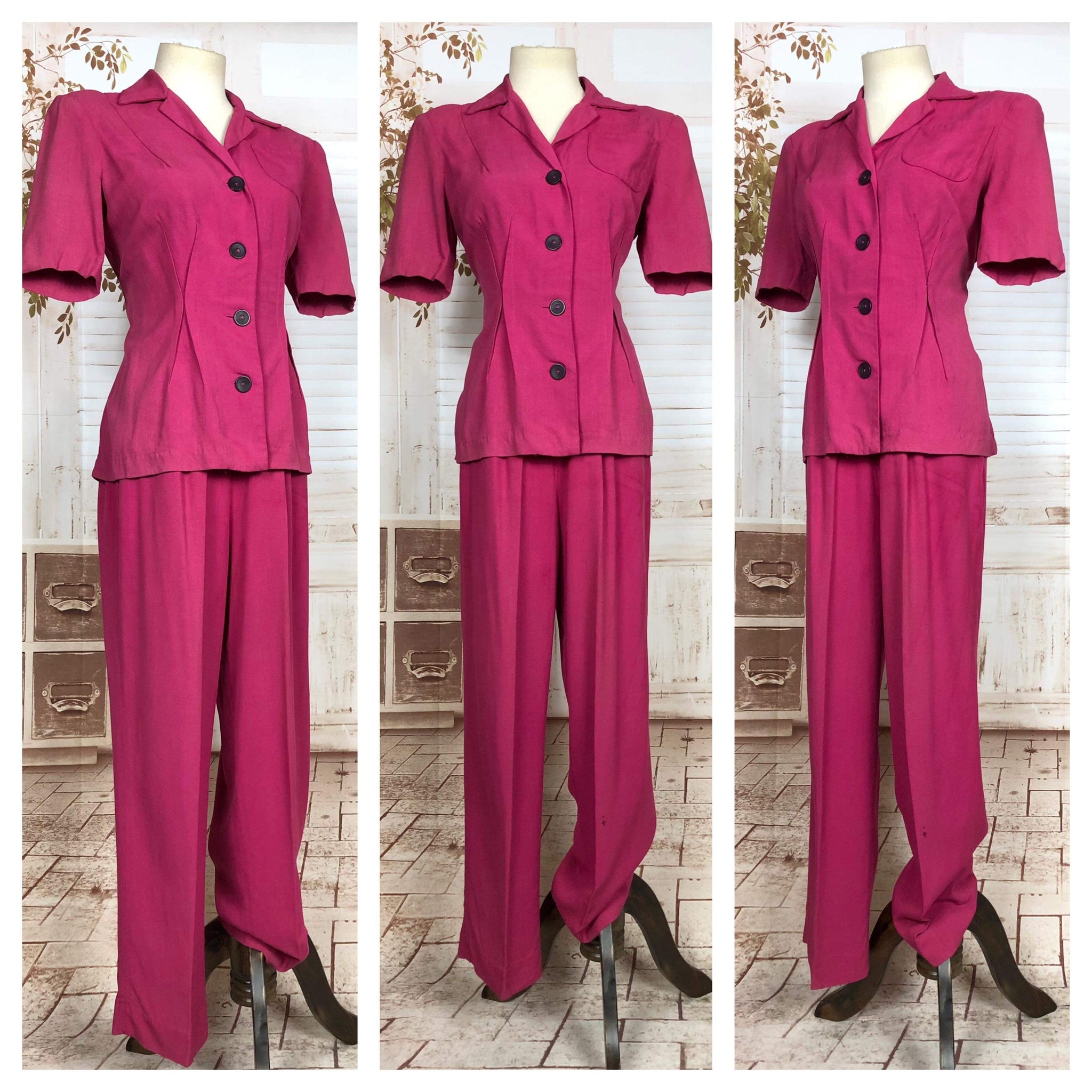 LAYAWAY PAYMENT 3 OF 3 - RESERVED FOR LIV - Exceptional Original 1940s Vintage Hot Fuchsia Pink Pant Suit