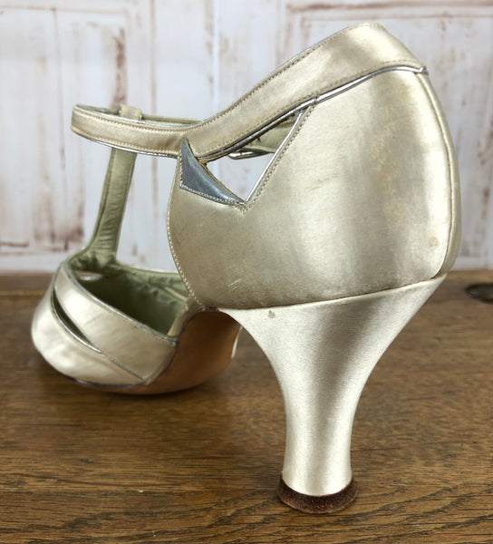 LAYAWAY PAYMENT 1 OF 4 - RESERVED FOR SAIRA - Magnificent Original Late 1920s / Early 1930s Champagne Satin Heeled Mary Jane Evening Shoes