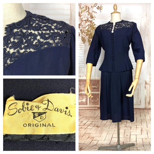 Incredible Original 1930s Vintage Navy Blue Lace Skirt Suit By Sobie & Davis
