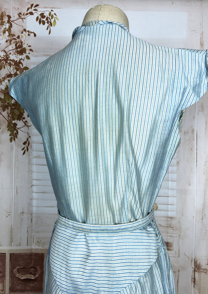 Amazing Original Late 1940s / Early 1950s Blue Striped Polished Cotton Day Dress