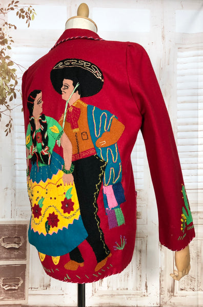 Fabulous Original 1940s Vintage Red Embroidered Mexican Tourist Jacket