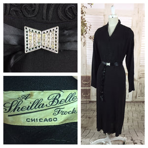 LAYAWAY PAYMENT 1 OF 2 - RESERVED FOR JODY - Original 1930s Vintage Black Crepe Dress With Diamante Satin Belt And Soutache Panels By Sheilla Belle Chicago