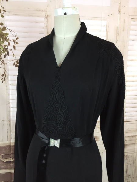 LAYAWAY PAYMENT 1 OF 2 - RESERVED FOR JODY - Original 1930s Vintage Black Crepe Dress With Diamante Satin Belt And Soutache Panels By Sheilla Belle Chicago
