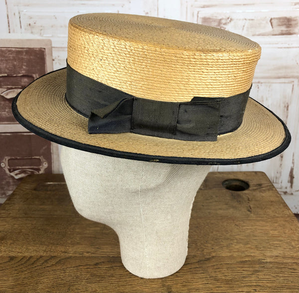 Amazing Original 1930s Vintage Black Trimmed Straw Boater Hat