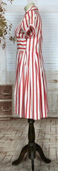 Fabulous Original 1940s Vintage Red And White Striped Day Dress