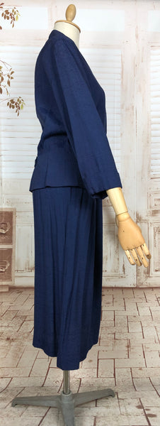 Wonderful Late 1940s / Early 1950s Original Volup Vintage Blue Silk Blend Belt Back Summer Suit