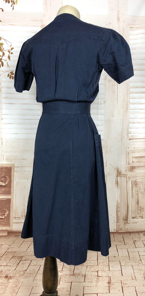 Super Rare Original 1930s Vintage Navy Blue Denim Sportswear Dress With Pin Tucks