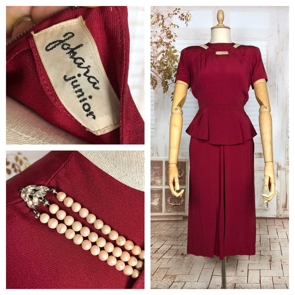 Stunning Original 1940s Vintage Red Peplum Cocktail Dress with Pearl Mock Necklace