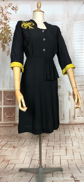 LAYAWAY PAYMENT 2 OF 2 - RESERVED FOR NATASHA - Exquisite Original 1940s Vintage Black Crepe Dress With Mustard Yellow Accents