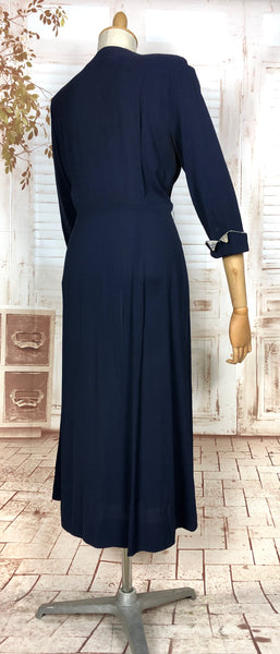 Amazing Original 1940s Volup Vintage Navy Blue Asymmetrical Dress With Striped Accents