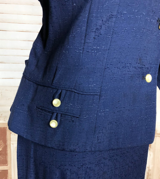 Wonderful Late 1940s / Early 1950s Original Volup Vintage Blue Silk Blend Belt Back Summer Suit