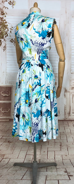 Stunning Bright Original 1950s Vintage Blue Floral Summer Dress