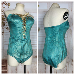 Incredible Original 1950s Turquoise And Hold Lurex Swimsuit Playsuit