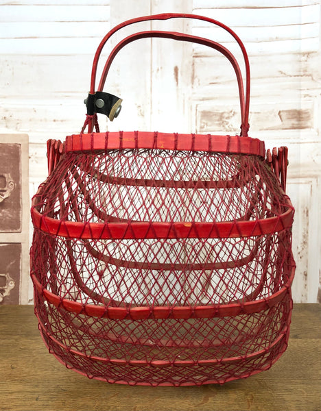 Rare Original 1950s Vintage Red Folding Bamboo And Net Bag