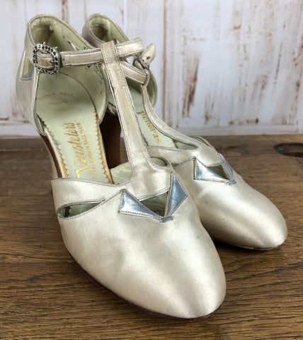 LAYAWAY PAYMENT 1 OF 4 - RESERVED FOR SAIRA - Magnificent Original Late 1920s / Early 1930s Champagne Satin Heeled Mary Jane Evening Shoes