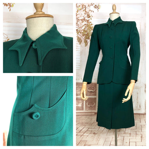 Exquisite Original 1940s Vintage Forest Green Suit With Amazing Bat Wing Collar By Forstmann