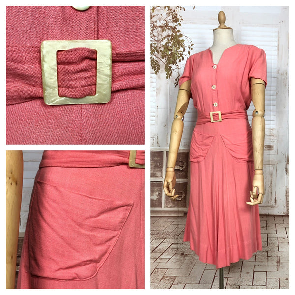 LAYAWAY PAYMENT 3 OF 4 - RESERVED FOR SAIRA - Gorgeous Original 1930s Vintage Coral Cotton Belted Summer Dress With Pockets