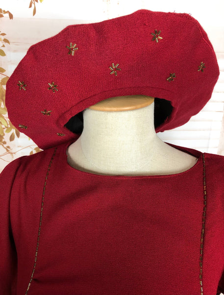 LAYAWAY PAYMENT 1 OF 3 - RESERVED FOR LINDSAY - Exquisite Original Late 1930s / Early 1940s Vintage Rich Red Beaded Crepe Dress With Matching Halo Hat