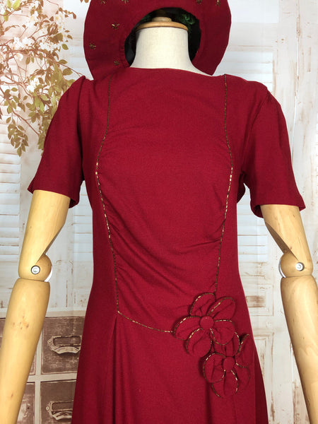 LAYAWAY PAYMENT 1 OF 3 - RESERVED FOR LINDSAY - Exquisite Original Late 1930s / Early 1940s Vintage Rich Red Beaded Crepe Dress With Matching Halo Hat