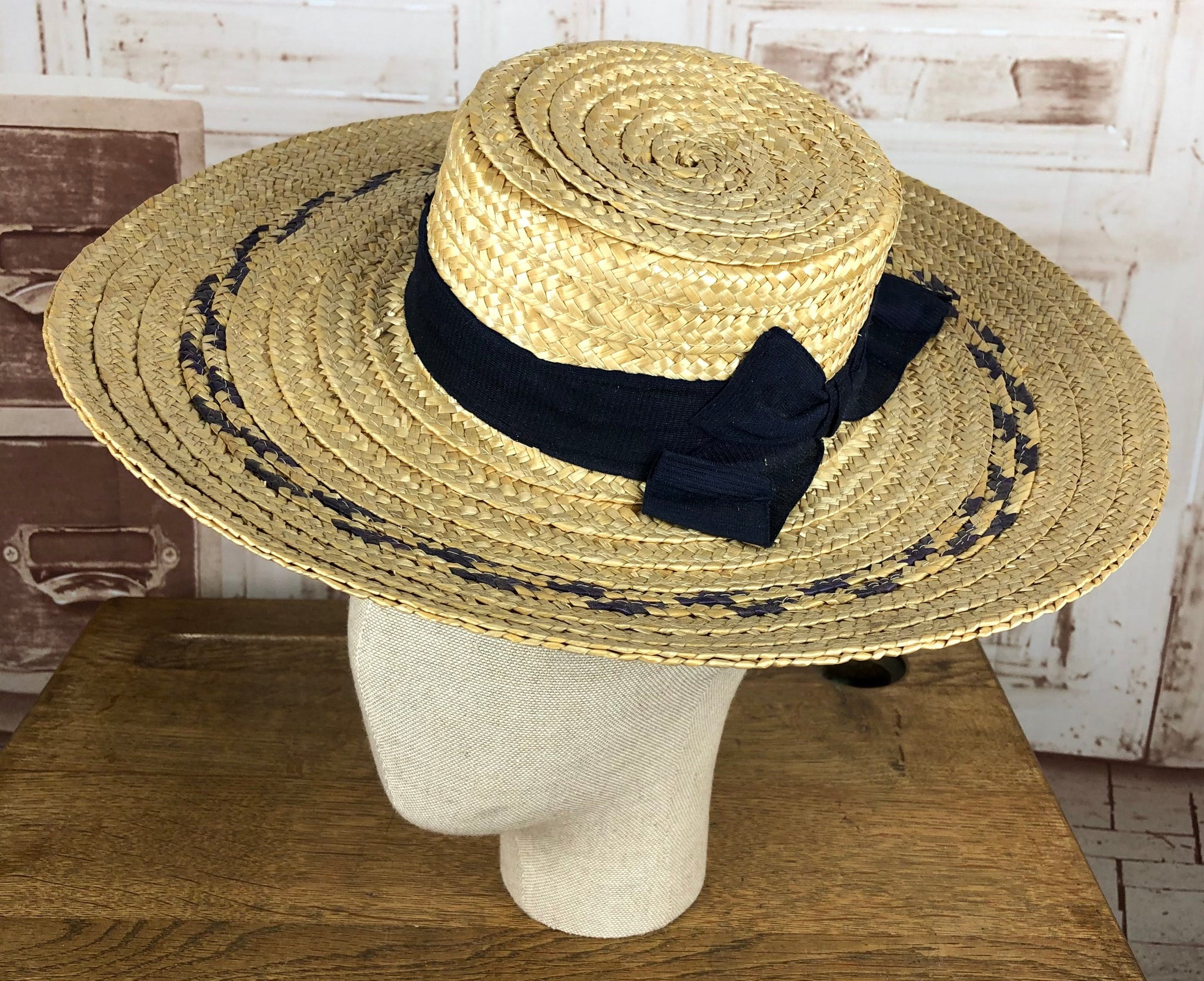 Amazing Original 1930s Vintage Straw Wide Brim Sun Hat Black Sheep Antiques