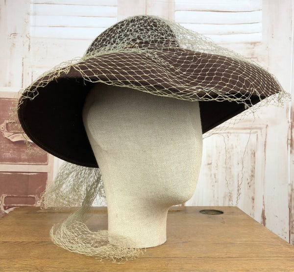 Amazing Original 1940s Vintage Wide Brim Chocolate Brown Fedora Hat With Veiling