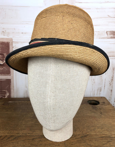 Beautiful Original 1920s Vintage Straw Cloche Hat With Multi Colour Band