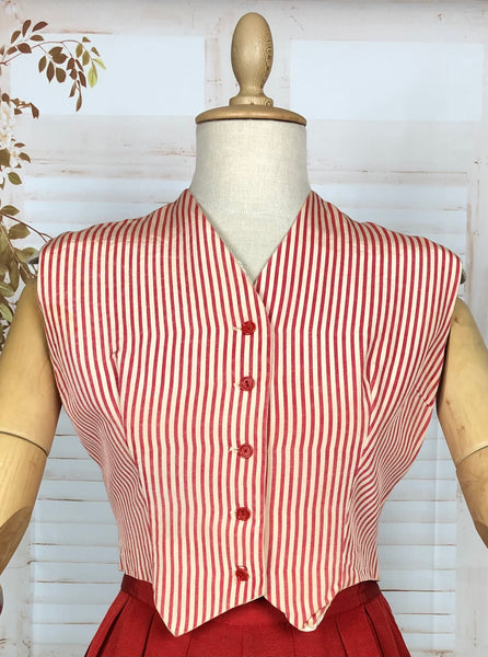 Exquisite Rare Late 1940s Vintage Red And Candy Striped Three Piece Waistcoat Suit